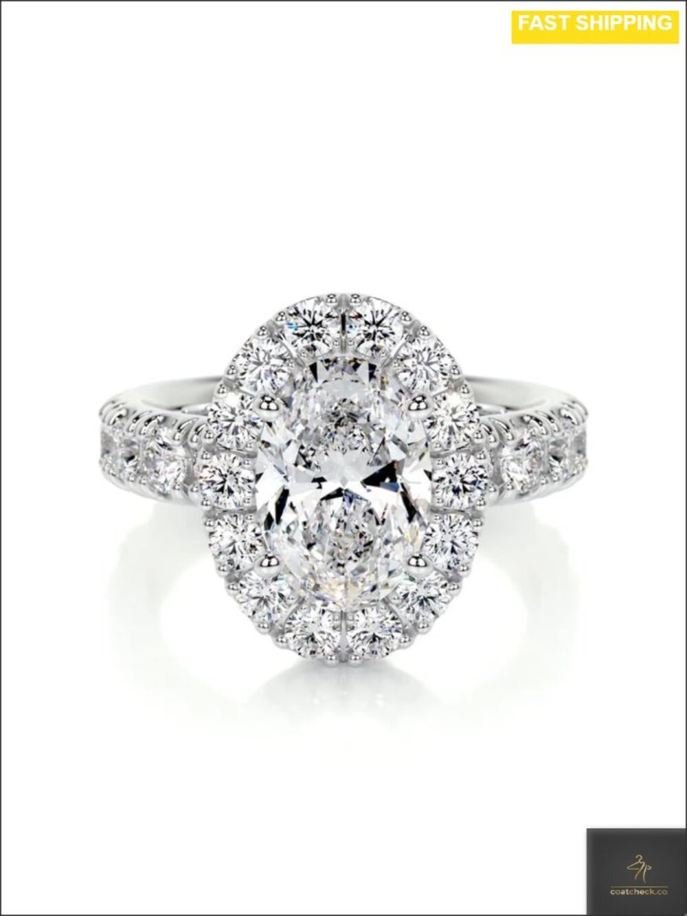 Oval Moissanite Engagement Ring Platinum Plated Silver Halo Cathedral